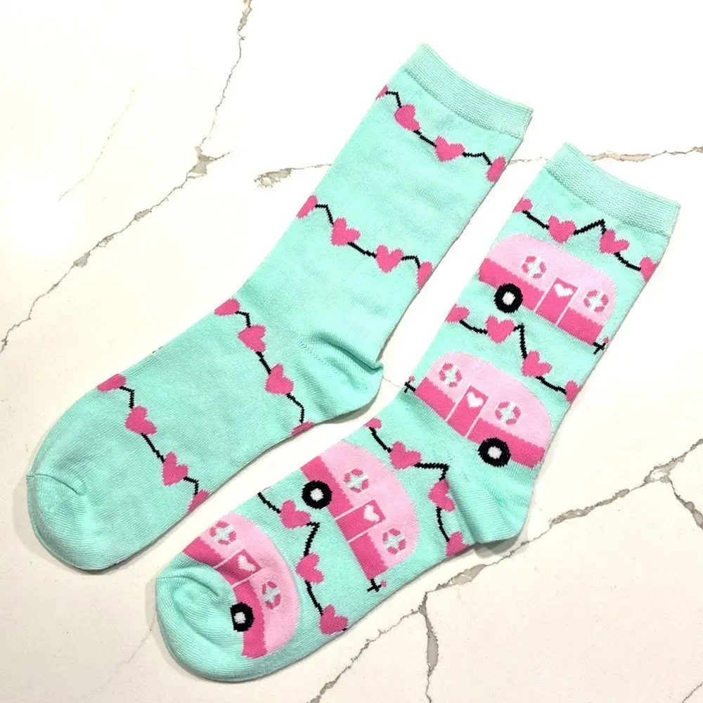 NWOT Pair of Fashion Socks Pink Butterfly Blue Camper Socks